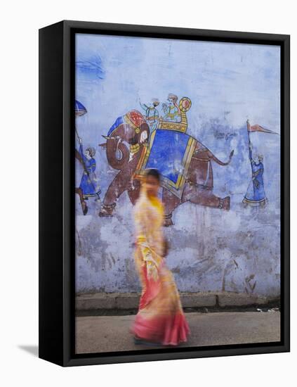 Woman Passing Mural, Bundi, Rajasthan, India-Ian Trower-Framed Stretched Canvas