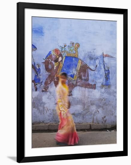 Woman Passing Mural, Bundi, Rajasthan, India-Ian Trower-Framed Photographic Print