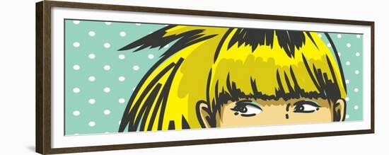 Woman Peeking Out Drawing, Retro Polka Dots Background-lavitrei-Framed Premium Giclee Print