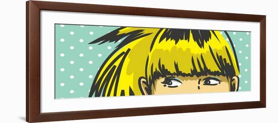 Woman Peeking Out Drawing, Retro Polka Dots Background-lavitrei-Framed Premium Giclee Print