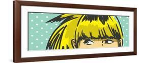 Woman Peeking Out Drawing, Retro Polka Dots Background-lavitrei-Framed Premium Giclee Print