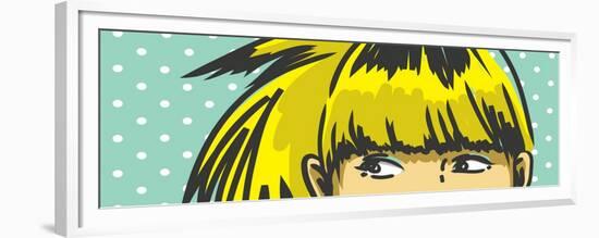 Woman Peeking Out Drawing, Retro Polka Dots Background-lavitrei-Framed Premium Giclee Print