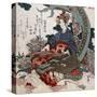 Woman Playing a Koto with a Dragon Curled around Her, Japanese Wood-Cut Print-Lantern Press-Stretched Canvas