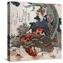 Woman Playing a Koto with a Dragon Curled around Her, Japanese Wood-Cut Print-Lantern Press-Stretched Canvas