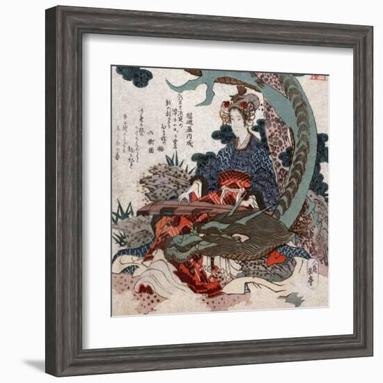 Woman Playing a Koto with a Dragon Curled around Her, Japanese Wood-Cut Print-Lantern Press-Framed Art Print