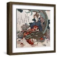 Woman Playing a Koto with a Dragon Curled around Her, Japanese Wood-Cut Print-Lantern Press-Framed Art Print