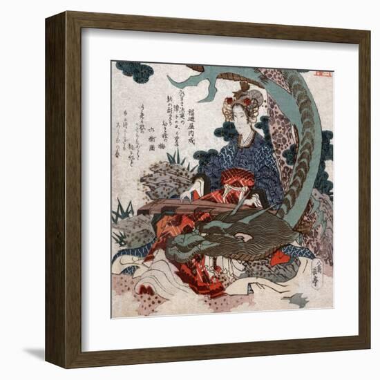 Woman Playing a Koto with a Dragon Curled around Her, Japanese Wood-Cut Print-Lantern Press-Framed Art Print