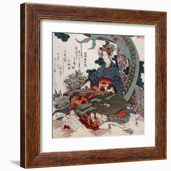 Woman Playing a Koto with a Dragon Curled around Her, Japanese Wood-Cut Print-Lantern Press-Framed Art Print