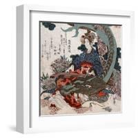 Woman Playing a Koto with a Dragon Curled around Her, Japanese Wood-Cut Print-Lantern Press-Framed Art Print