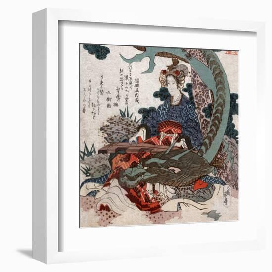 Woman Playing a Koto with a Dragon Curled around Her, Japanese Wood-Cut Print-Lantern Press-Framed Art Print