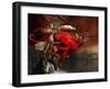 Woman Playing a Magical Violin to Call Out a Red Dragon-Stocktrek Images-Framed Art Print