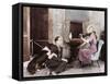 Woman Playing the Violin for Her Boyfriend and Dog-null-Framed Stretched Canvas