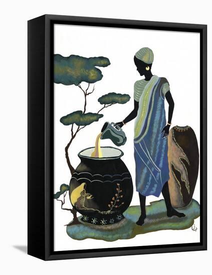 Woman Pouring in Blue-Judy Mastrangelo-Framed Stretched Canvas