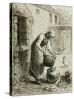 Woman Pouring Water into Milk Cans-Jean-François Millet-Stretched Canvas