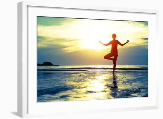 Woman Practicing Yoga On The Beach At Sunset-De Visu-Framed Art Print