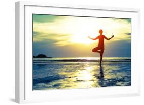 Woman Practicing Yoga On The Beach At Sunset-De Visu-Framed Art Print
