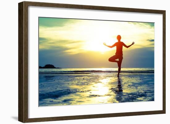 Woman Practicing Yoga On The Beach At Sunset-De Visu-Framed Art Print