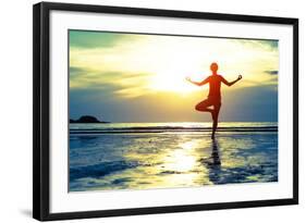 Woman Practicing Yoga On The Beach At Sunset-De Visu-Framed Art Print