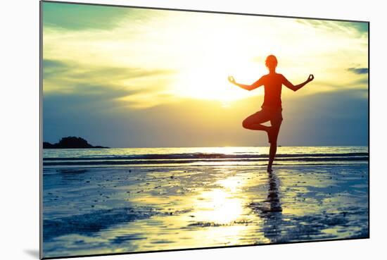 Woman Practicing Yoga On The Beach At Sunset-De Visu-Mounted Art Print