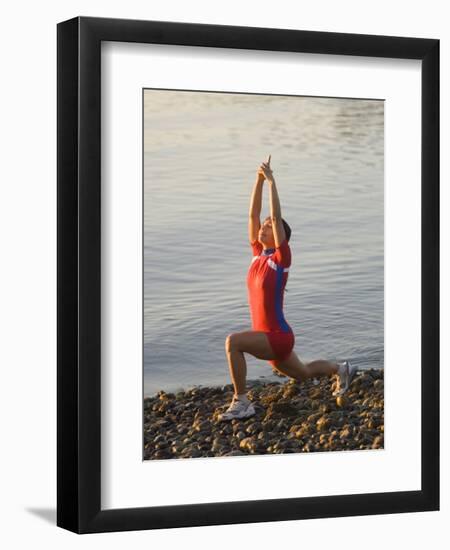 Woman Practicing Yoga on the Riverside, Bainbridge Island, Washington State, USA-null-Framed Premium Photographic Print