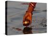 Woman Praying on the Banks of the River Ganges Fills Water into a Copper Vessel for a Ritual-null-Stretched Canvas