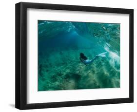 Woman Pretending to Be a Mermaid Swimming Underwater, Hawaii, USA-null-Framed Photographic Print