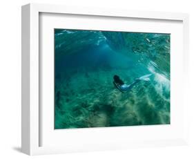 Woman Pretending to Be a Mermaid Swimming Underwater, Hawaii, USA-null-Framed Photographic Print