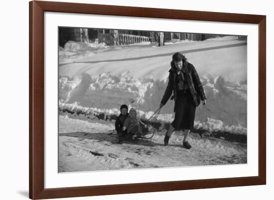 Woman Pulling Two Children on Sled in Winter, Vermont, 1940-Marion Post Wolcott-Framed Photographic Print