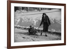 Woman Pulling Two Children on Sled in Winter, Vermont, 1940-Marion Post Wolcott-Framed Photographic Print