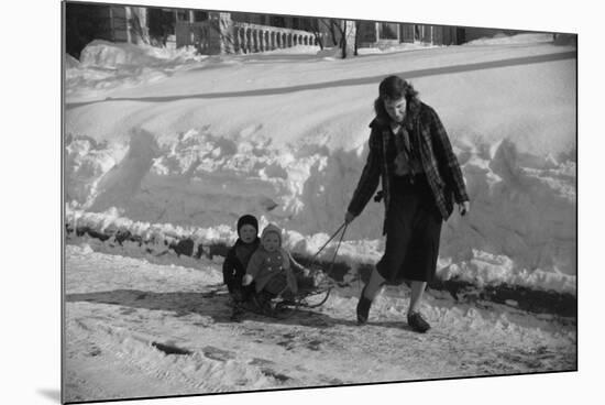 Woman Pulling Two Children on Sled in Winter, Vermont, 1940-Marion Post Wolcott-Mounted Photographic Print