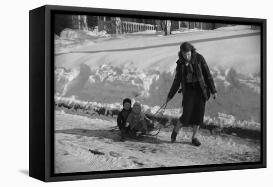 Woman Pulling Two Children on Sled in Winter, Vermont, 1940-Marion Post Wolcott-Framed Stretched Canvas