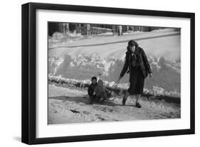 Woman Pulling Two Children on Sled in Winter, Vermont, 1940-Marion Post Wolcott-Framed Photographic Print