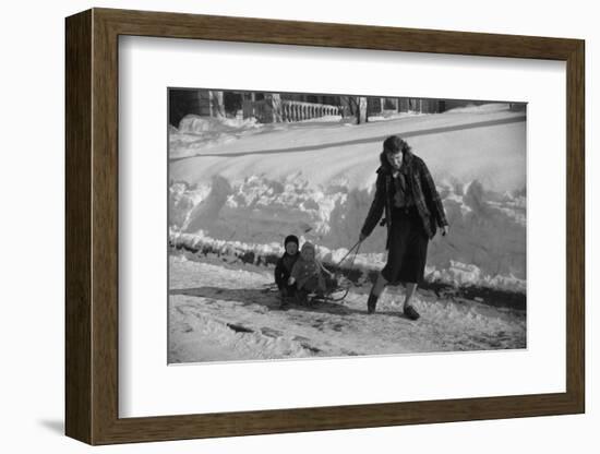 Woman Pulling Two Children on Sled in Winter, Vermont, 1940-Marion Post Wolcott-Framed Photographic Print