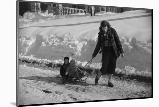 Woman Pulling Two Children on Sled in Winter, Vermont, 1940-Marion Post Wolcott-Mounted Photographic Print