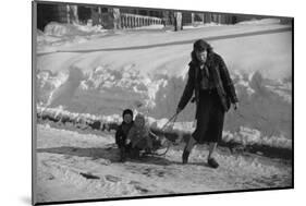 Woman Pulling Two Children on Sled in Winter, Vermont, 1940-Marion Post Wolcott-Mounted Photographic Print