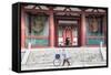 Woman Pushing Bicycle Past Shitenno-Ji Temple, Tennoji, Osaka, Kansai, Japan-Ian Trower-Framed Stretched Canvas