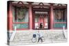 Woman Pushing Bicycle Past Shitenno-Ji Temple, Tennoji, Osaka, Kansai, Japan-Ian Trower-Stretched Canvas