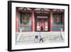 Woman Pushing Bicycle Past Shitenno-Ji Temple, Tennoji, Osaka, Kansai, Japan-Ian Trower-Framed Photographic Print