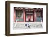 Woman Pushing Bicycle Past Shitenno-Ji Temple, Tennoji, Osaka, Kansai, Japan-Ian Trower-Framed Photographic Print