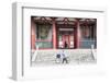 Woman Pushing Bicycle Past Shitenno-Ji Temple, Tennoji, Osaka, Kansai, Japan-Ian Trower-Framed Photographic Print