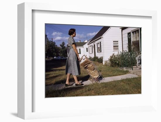 Woman Pushing Shopping Cart to House-William P. Gottlieb-Framed Photographic Print