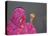 Woman Putting Flower Lamp onto the Ganges River, Varanasi, India-Keren Su-Stretched Canvas