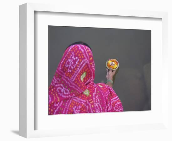 Woman Putting Flower Lamp onto the Ganges River, Varanasi, India-Keren Su-Framed Photographic Print