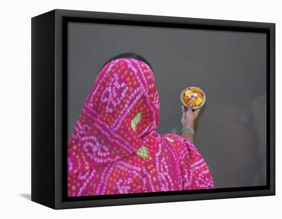 Woman Putting Flower Lamp onto the Ganges River, Varanasi, India-Keren Su-Framed Stretched Canvas