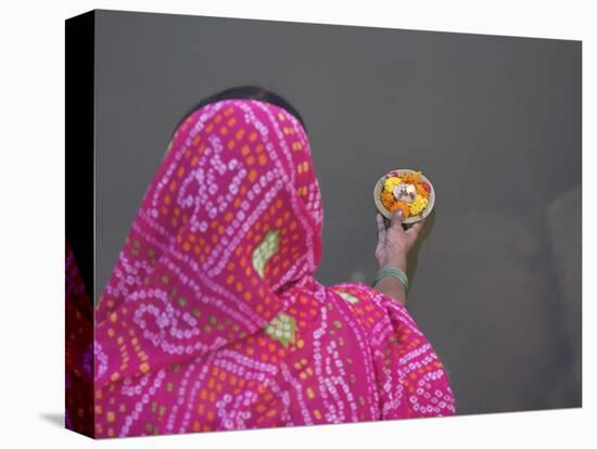 Woman Putting Flower Lamp onto the Ganges River, Varanasi, India-Keren Su-Stretched Canvas