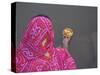 Woman Putting Flower Lamp onto the Ganges River, Varanasi, India-Keren Su-Stretched Canvas