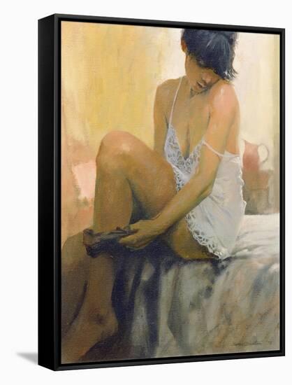 Woman Putting on her Stocking, 1978-James Brereton-Framed Stretched Canvas