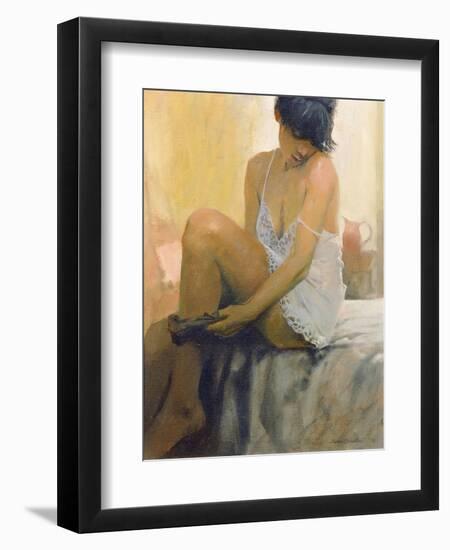 Woman Putting on her Stocking, 1978-James Brereton-Framed Giclee Print