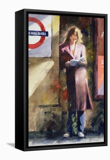 Woman Reading on Notting Hill Gate Platform-John Lidzey-Framed Stretched Canvas