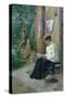 Woman Reading Outside the Door of the House-null-Stretched Canvas